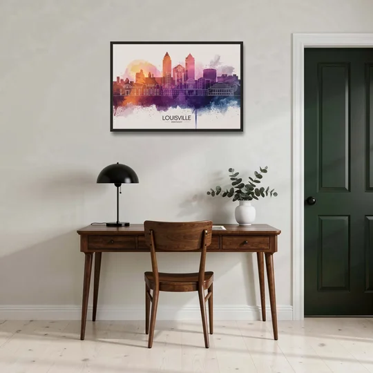 Louisville Sunset Over Skyline - Black Framed Canvas Wall Art - Office - 36x24
