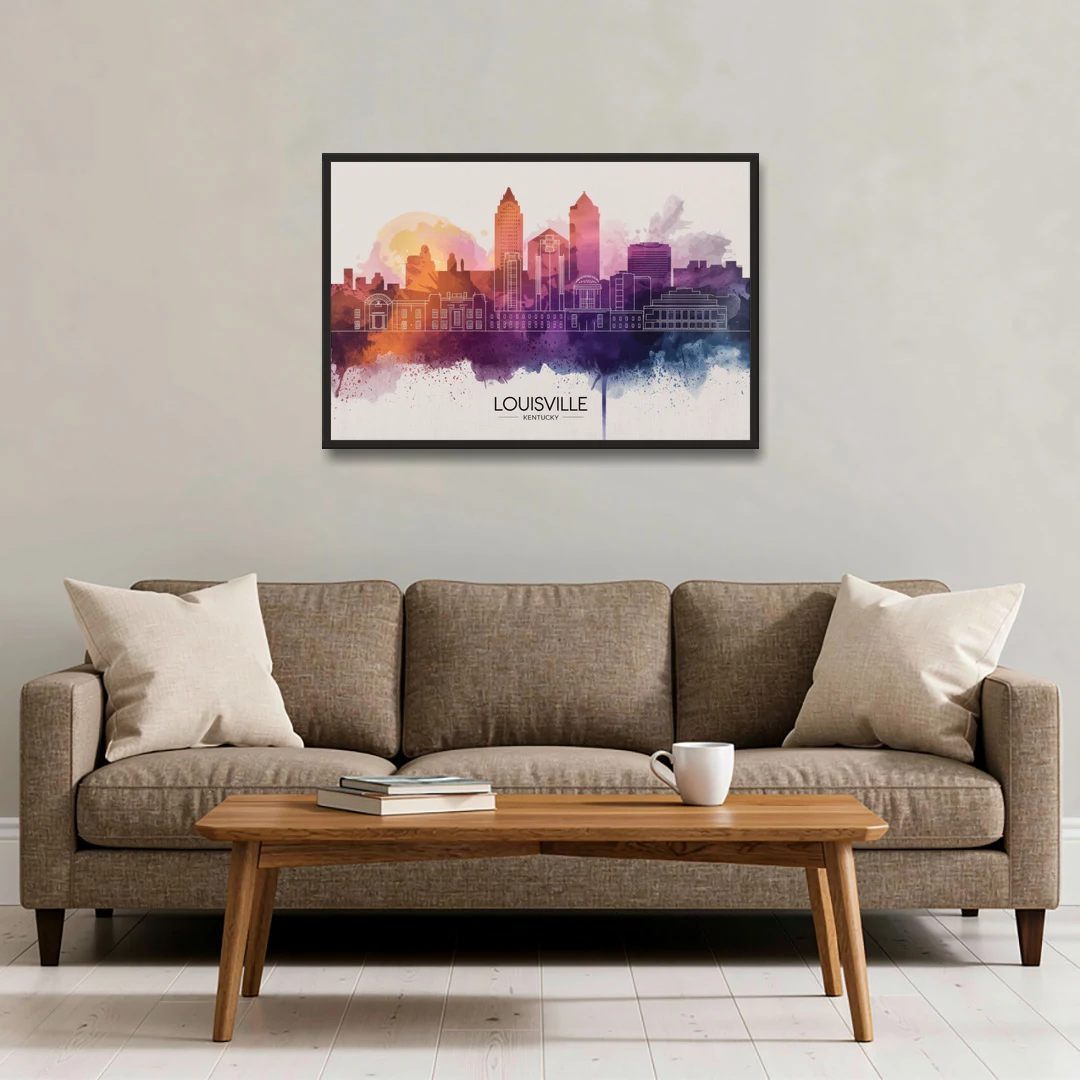 Louisville Sunset Over Skyline - Black Framed Canvas Wall Art - Sofa - 36x24