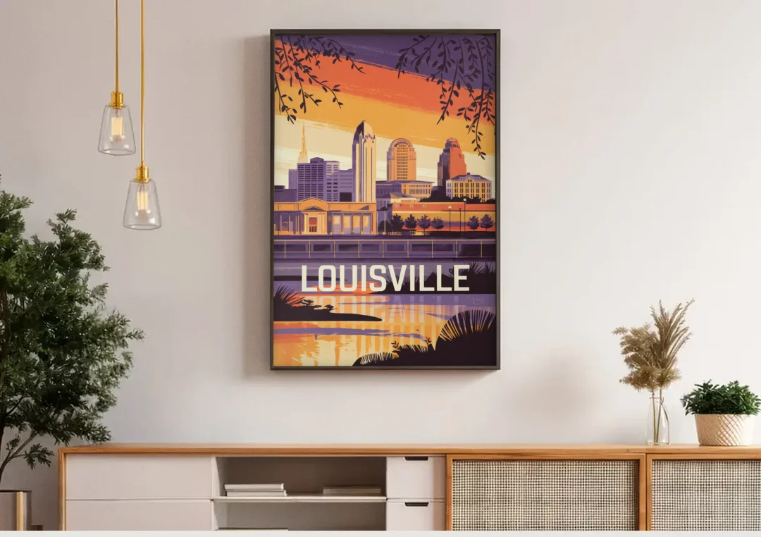 Louisville Urban Charm canvas wall art above a wooden sideboard under pendant lights