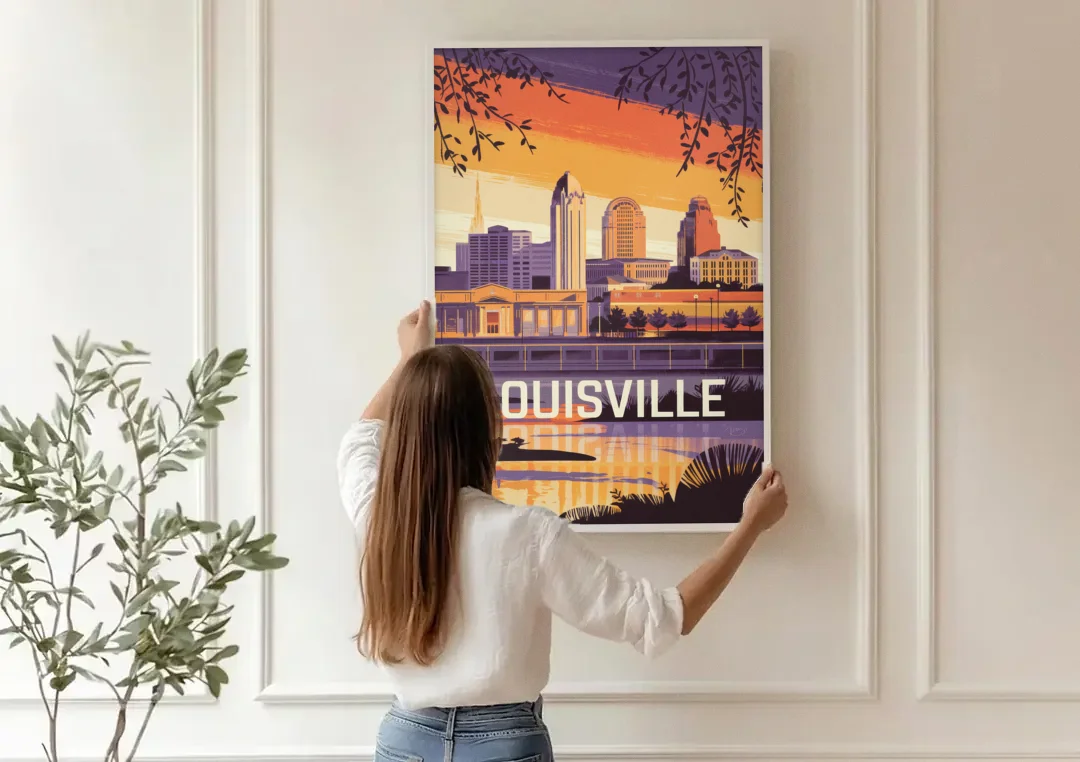 Louisville Urban Charm canvas wall art being hung on a paneled wall