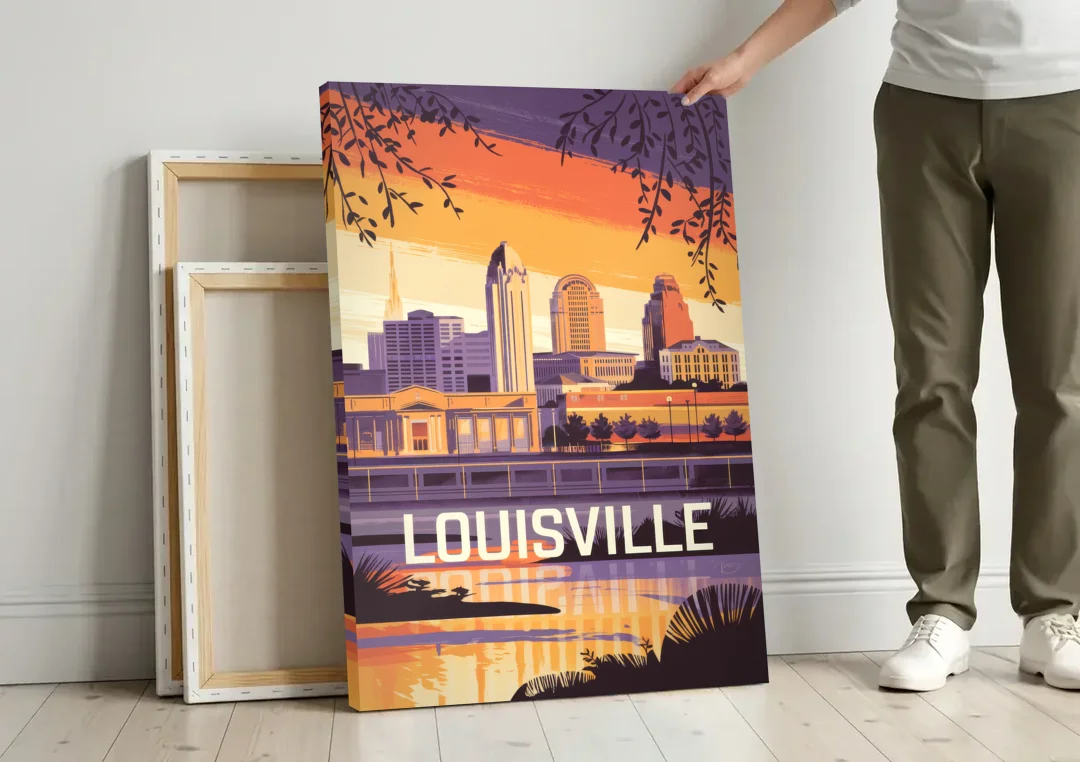 Louisville Urban Charm canvas wall art leaning against a wall next to blank canvases