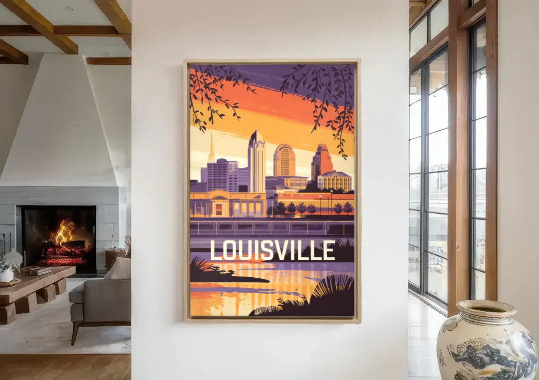 Louisville Urban Charm canvas wall art in a living room with a fireplace
