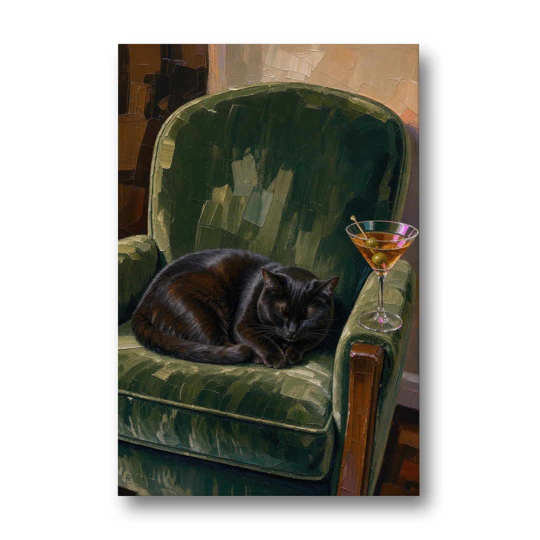 Lounge Wall Art with a Black Cat and Martini - Canvas Wall Art - Front