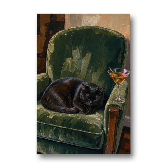 Lounge Wall Art with a Black Cat and Martini - Canvas Wall Art - Front