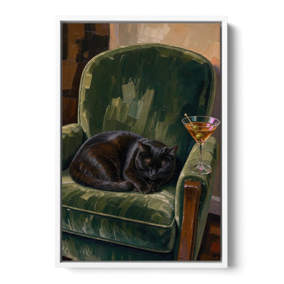 Lounge Wall Art with a Black Cat and Martini - White Framed Canvas Wall Art - Front