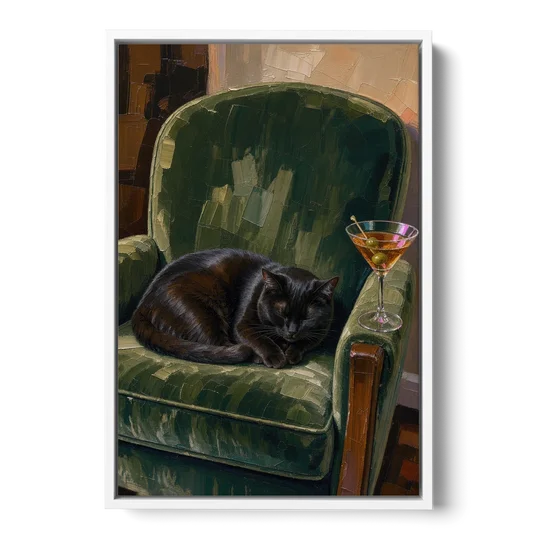 Lounge Wall Art with a Black Cat and Martini - White Framed Canvas Wall Art - Front