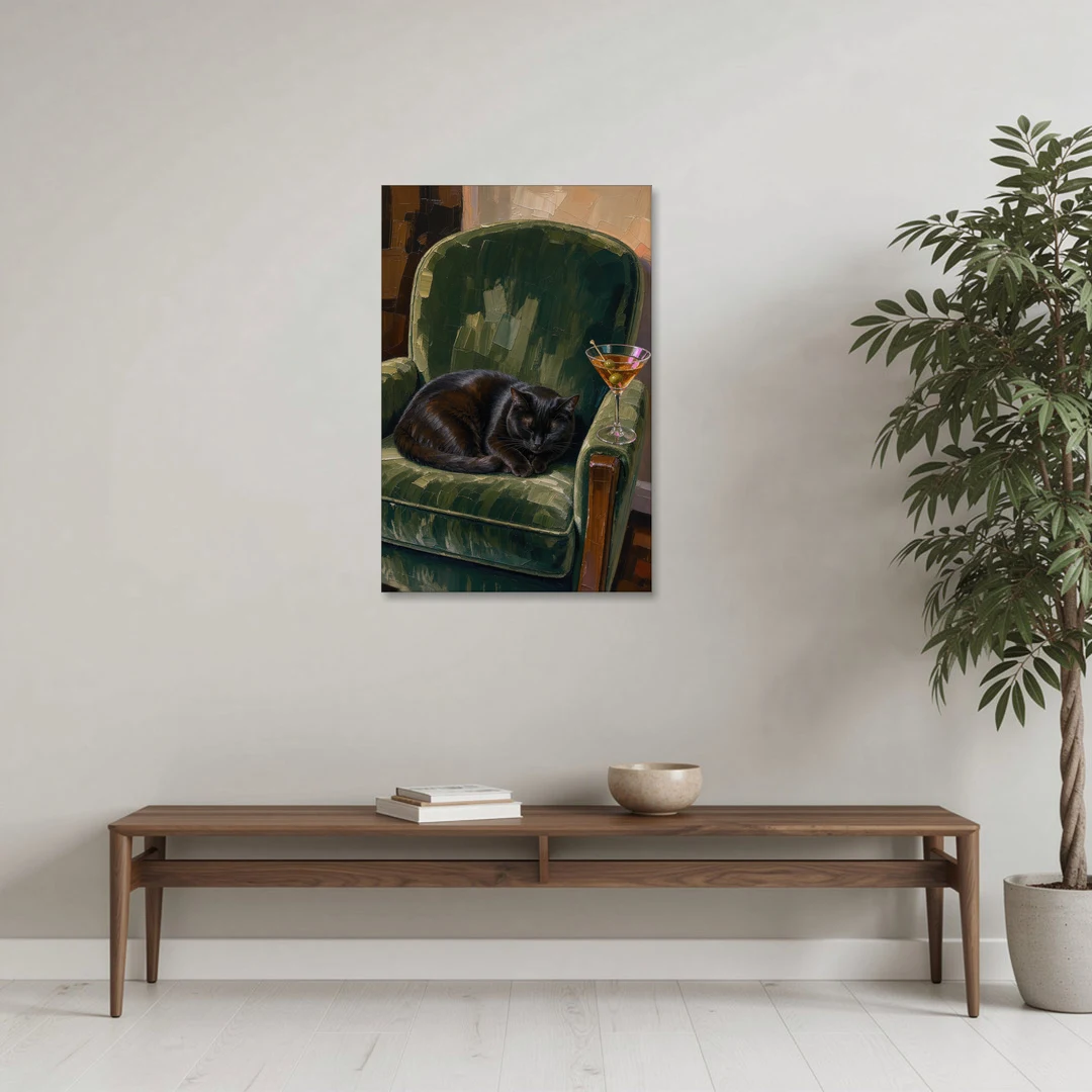 Lounge Wall Art with a Black Cat and Martini - Canvas Wall Art - Coffee Table - 24x36