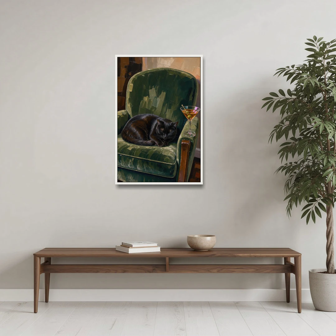 Lounge Wall Art with a Black Cat and Martini - White Framed Canvas Wall Art - Coffee Table - 24x36