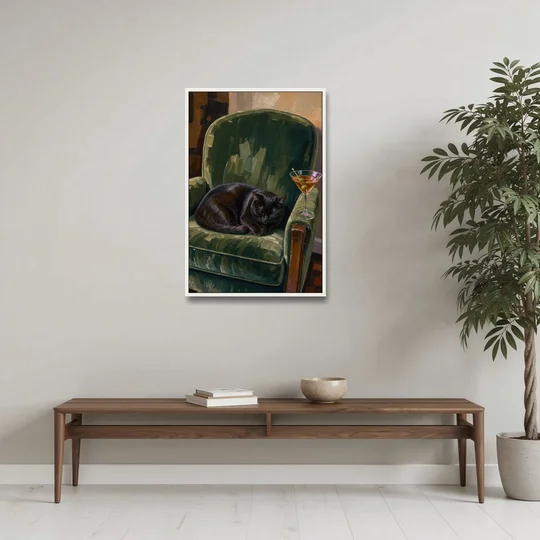 Lounge Wall Art with a Black Cat and Martini - White Framed Canvas Wall Art - Coffee Table - 24x36