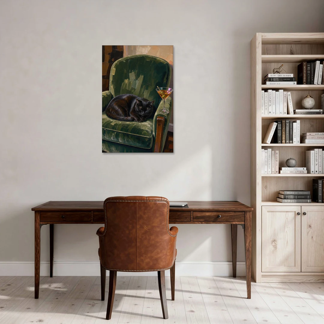 Lounge Wall Art with a Black Cat and Martini - Canvas Wall Art - Office - 24x36