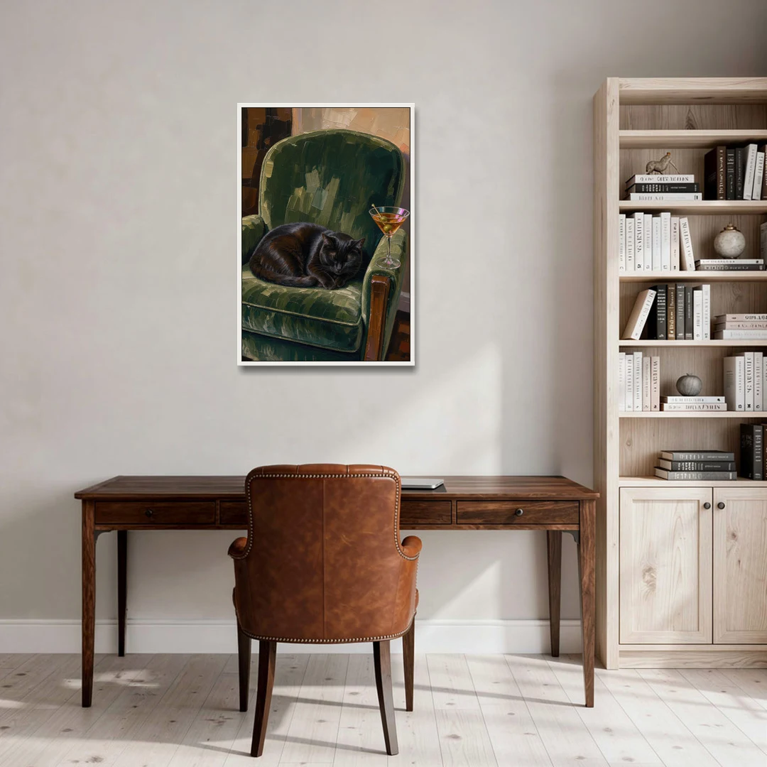 Lounge Wall Art with a Black Cat and Martini - White Framed Canvas Wall Art - Office - 24x36