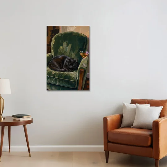 Lounge Wall Art with a Black Cat and Martini - Canvas Wall Art - Sofa - 24x36