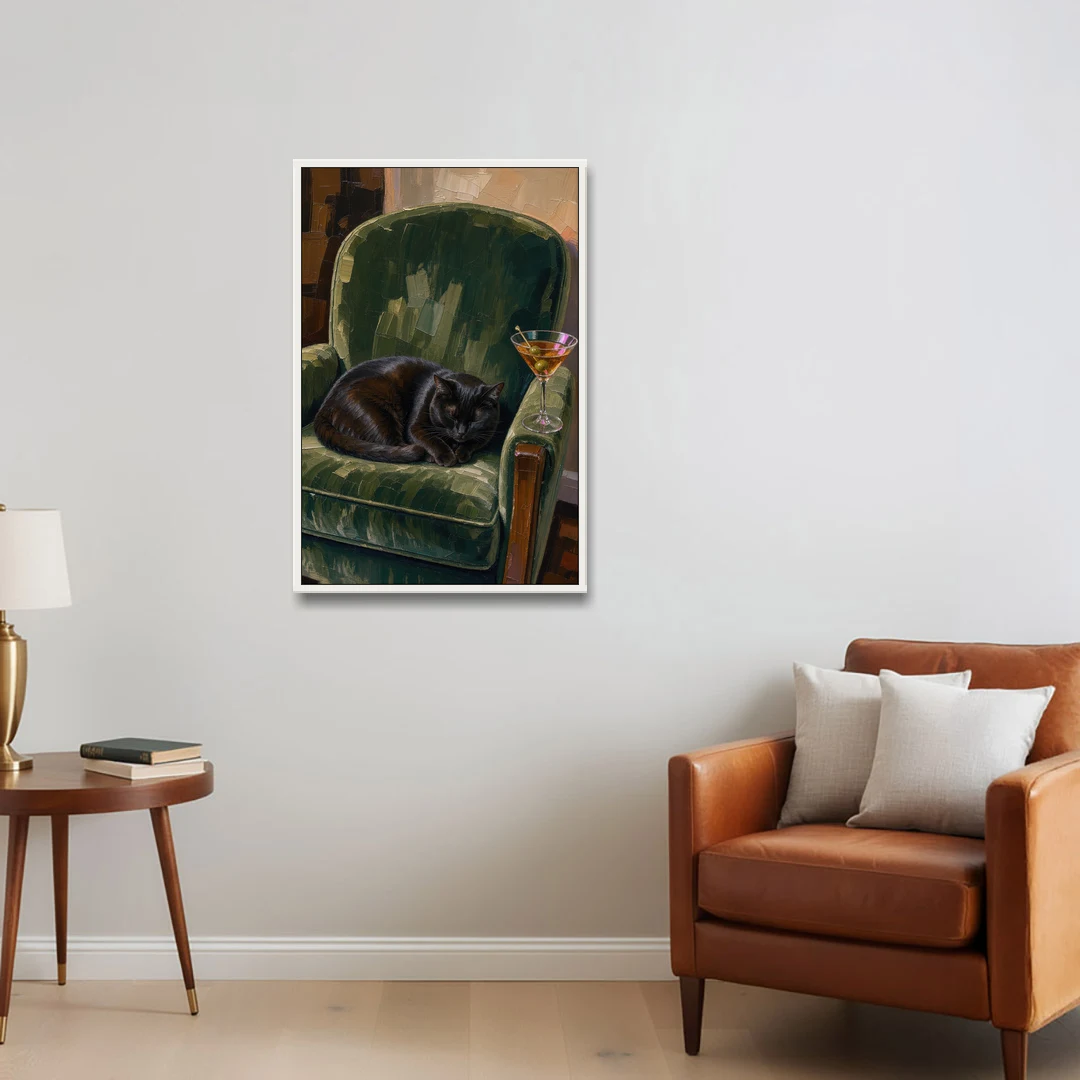 Lounge Wall Art with a Black Cat and Martini - White Framed Canvas Wall Art - Sofa - 24x36
