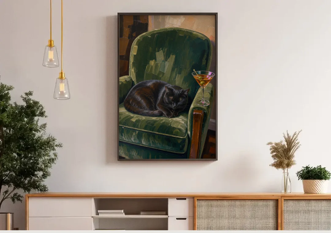 Lounge Wall Art with a Black Cat and Martini canvas wall art above a wooden sideboard under pendant lights