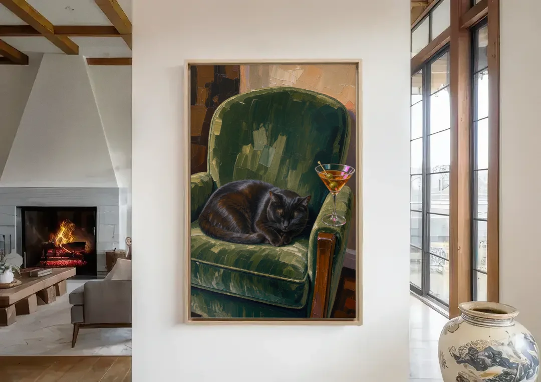 Lounge Wall Art with a Black Cat and Martini canvas wall art in a living room with a fireplace