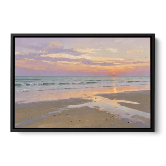 Low Tide Sunset with Lavender Sky - Black Framed Canvas Wall Art - Front
