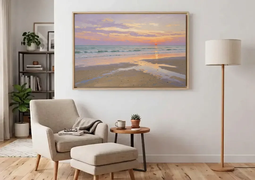 Low Tide Sunset with Lavender Sky canvas wall art above an armchair in a bright living room