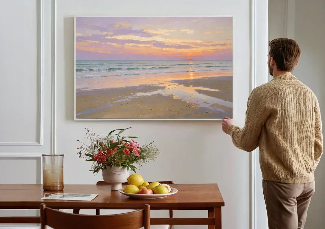 Low Tide Sunset with Lavender Sky canvas wall art above a dining table
