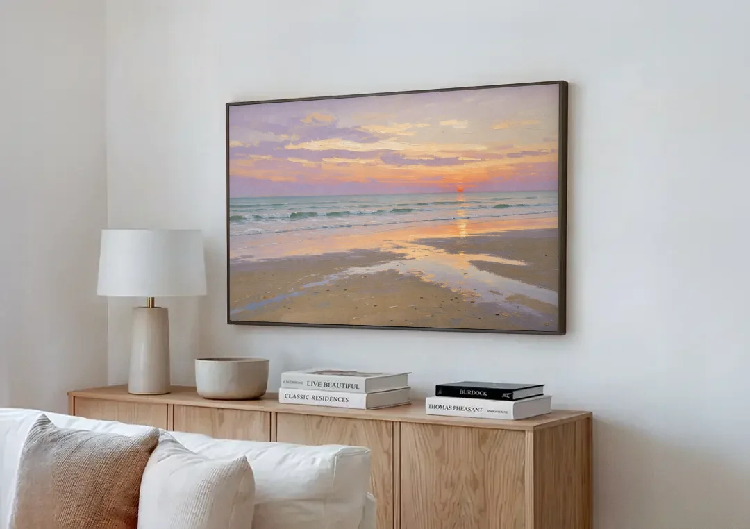 Low Tide Sunset with Lavender Sky canvas wall art above a wooden sideboard next to a sofa