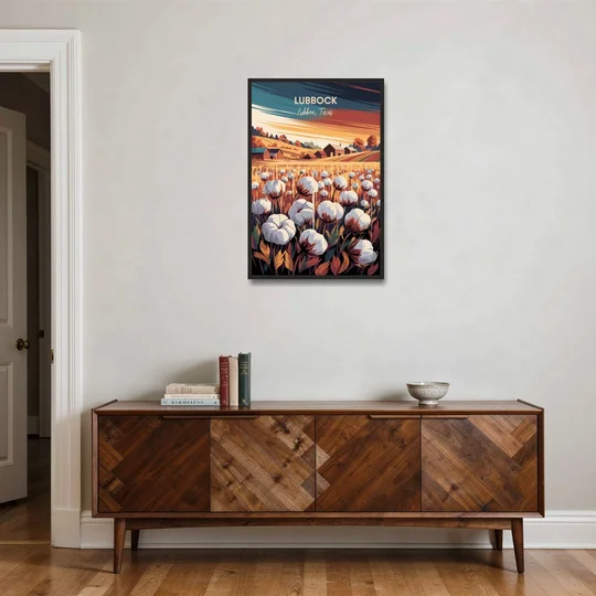 Lubbock Cotton Fields - Black Framed Canvas Wall Art - Coffee Table - 24x36