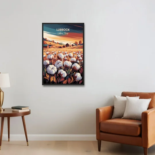 Lubbock Cotton Fields - Black Framed Canvas Wall Art - Sofa - 24x36