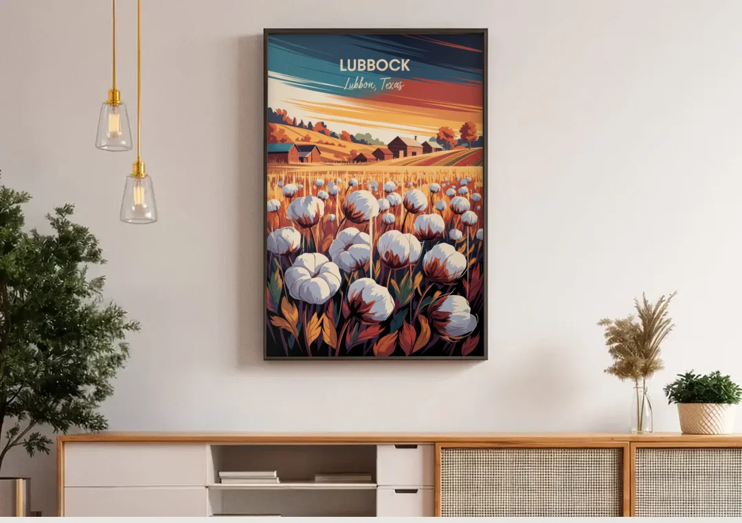 Lubbock Cotton Fields canvas wall art above a wooden sideboard under pendant lights