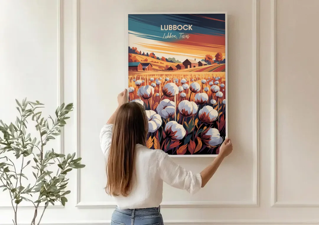 Lubbock Cotton Fields canvas wall art being hung on a paneled wall