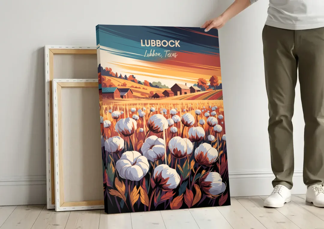 Lubbock Cotton Fields canvas wall art leaning against a wall next to blank canvases