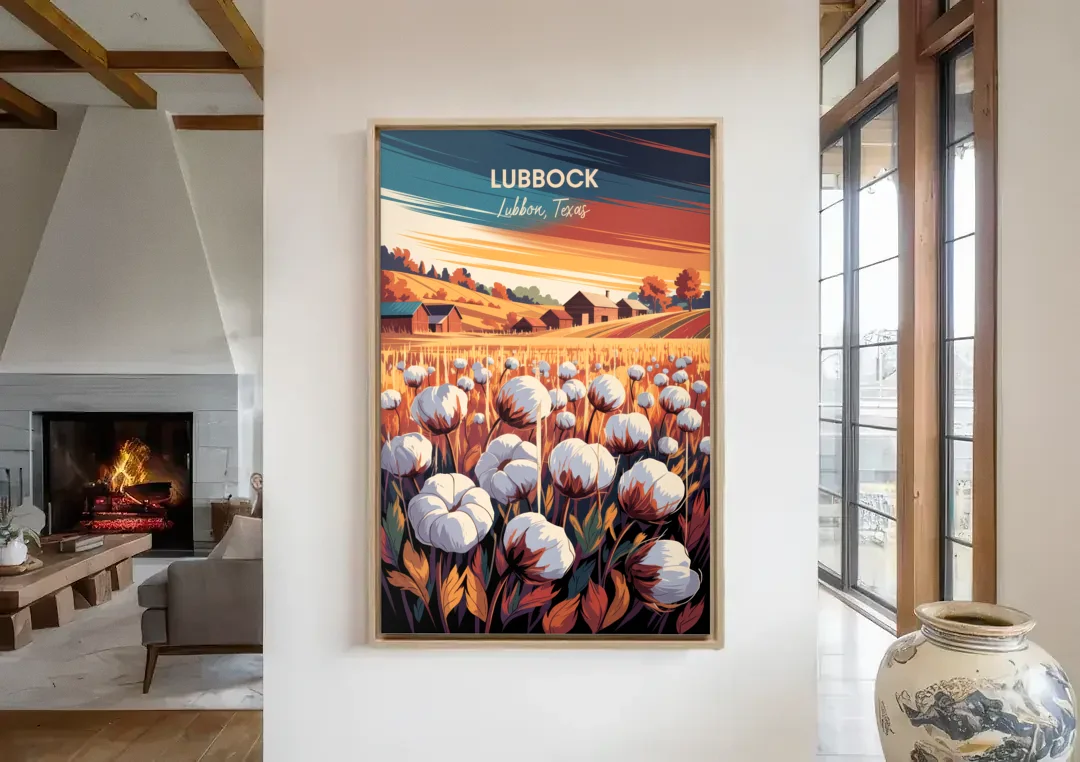Lubbock Cotton Fields canvas wall art in a living room with a fireplace