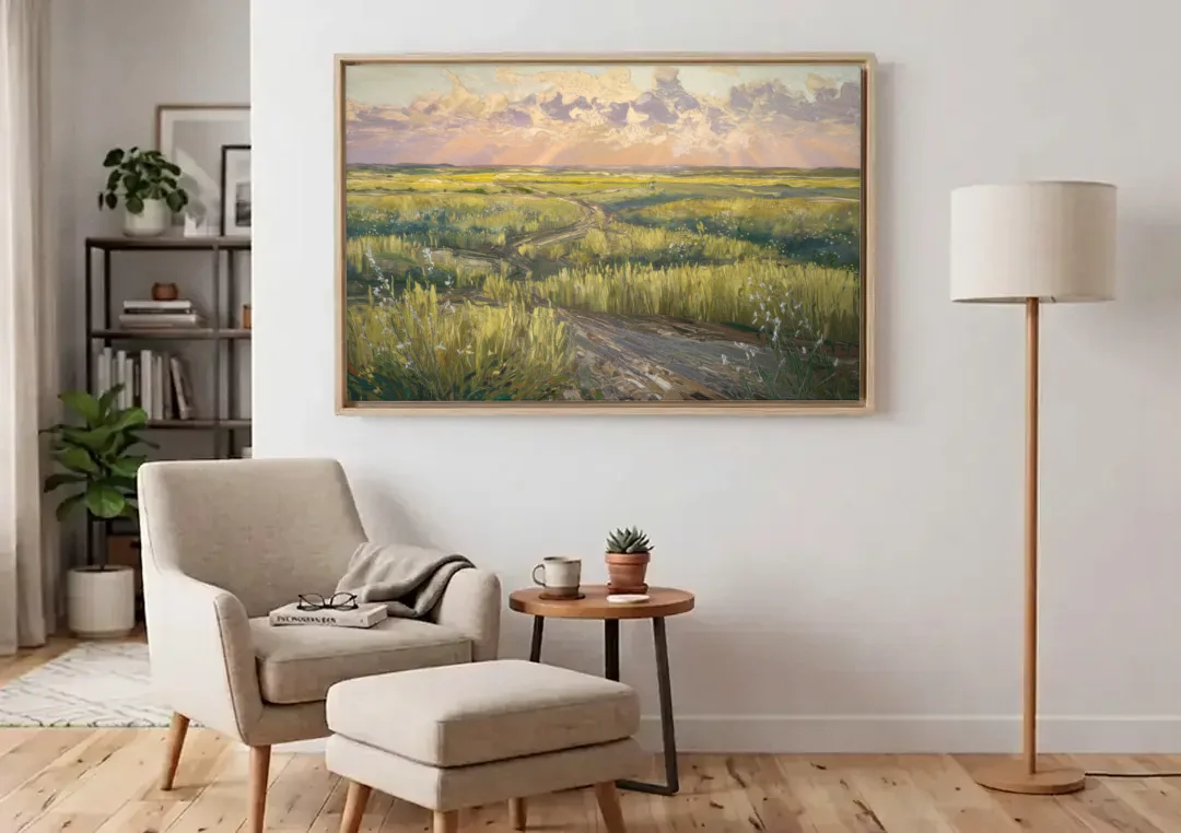 Lubbock Prairie Landscape canvas wall art above an armchair in a bright living room