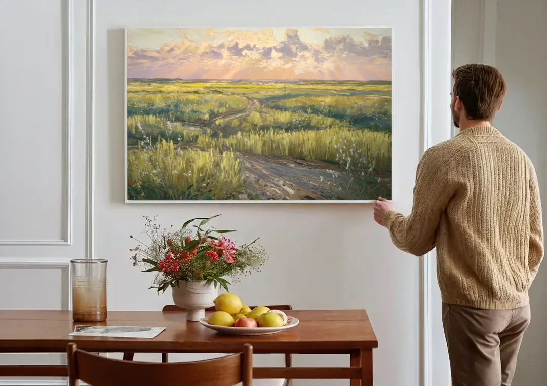 Lubbock Prairie Landscape canvas wall art above a dining table