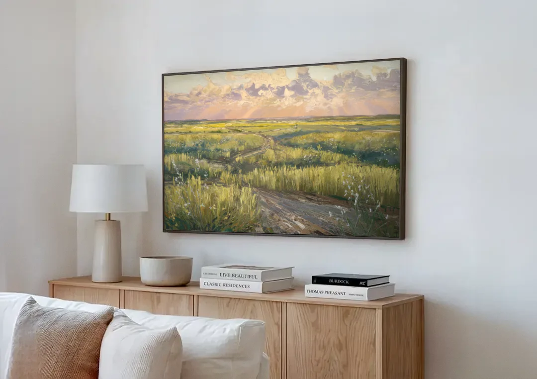 Lubbock Prairie Landscape canvas wall art above a wooden sideboard next to a sofa