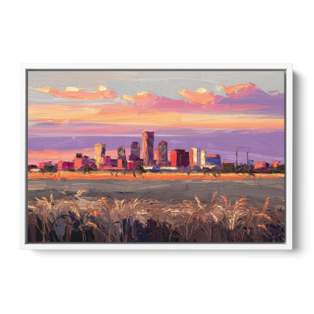 Lubbock Skyline Sunset - White Framed Canvas Wall Art - Front
