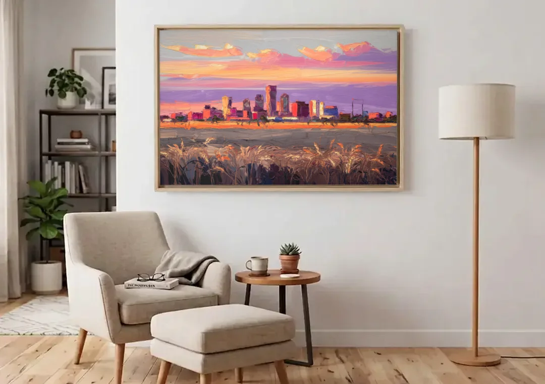 Lubbock Skyline Sunset canvas wall art above an armchair in a bright living room