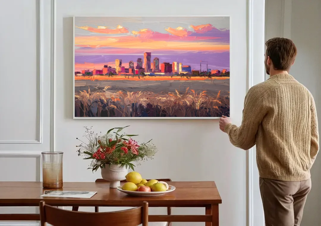 Lubbock Skyline Sunset canvas wall art above a dining table