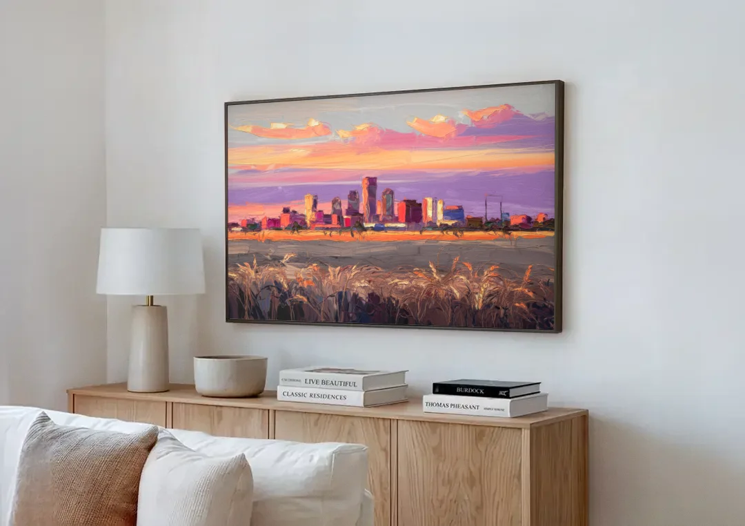 Lubbock Skyline Sunset canvas wall art above a wooden sideboard next to a sofa