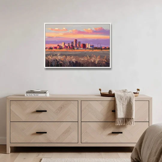 Lubbock Skyline Sunset - White Framed Canvas Wall Art - Coffee Table - 36x24