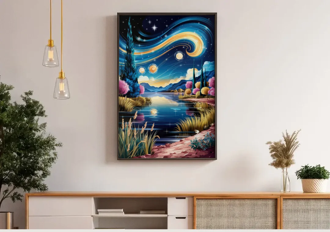 Lubbock Starry Night Sky canvas wall art above a wooden sideboard under pendant lights