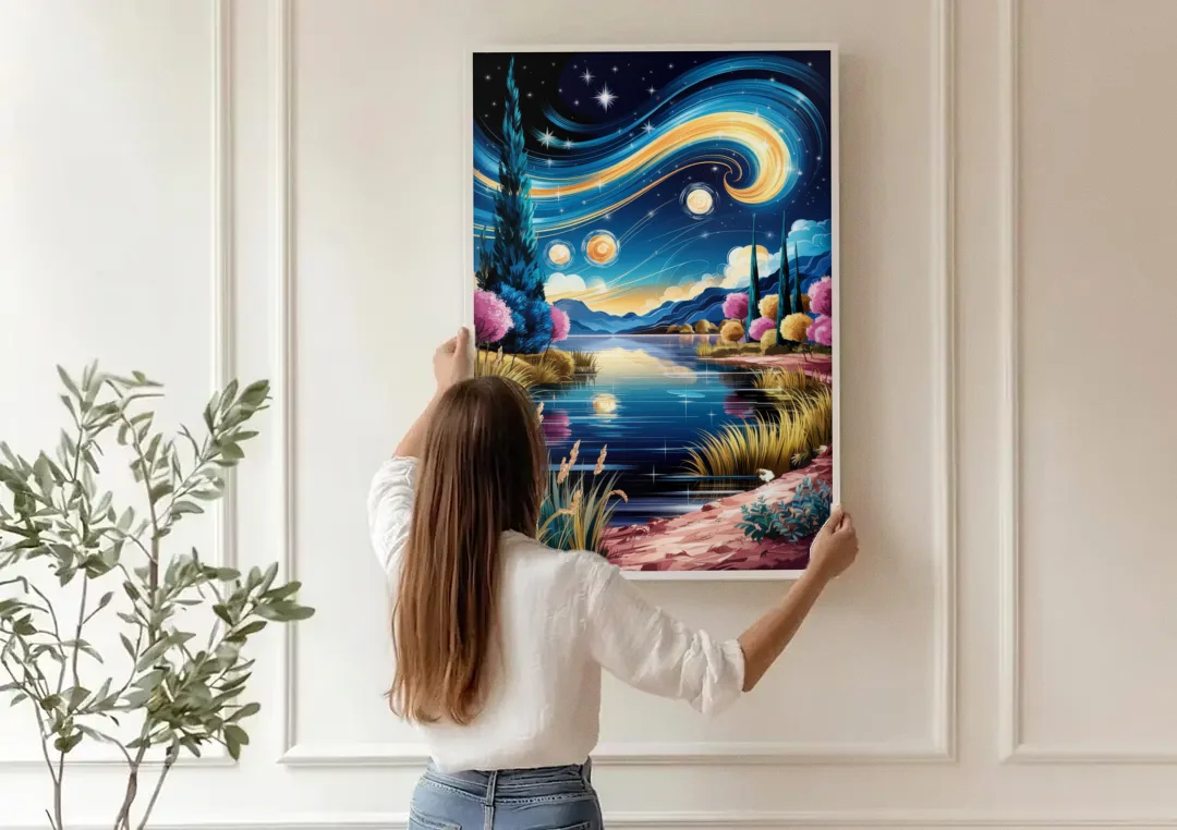 Lubbock Starry Night Sky canvas wall art being hung on a paneled wall