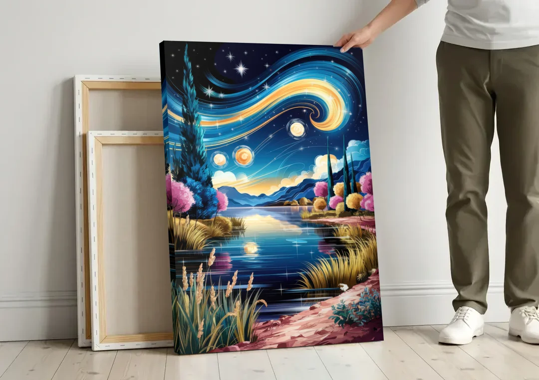 Lubbock Starry Night Sky canvas wall art leaning against a wall next to blank canvases