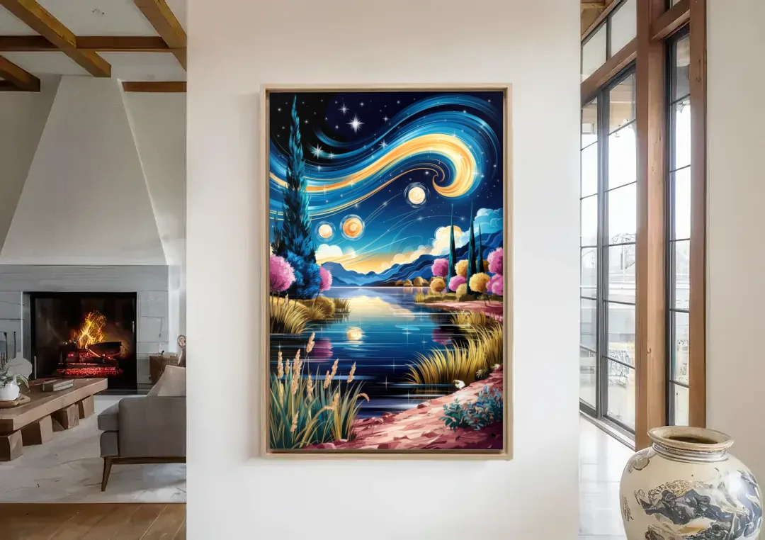 Lubbock Starry Night Sky canvas wall art in a living room with a fireplace