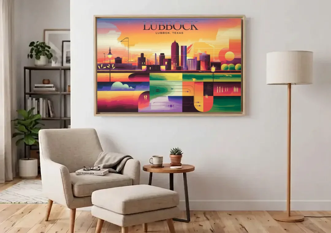 Lubbock Vibrant Cityscape canvas wall art above an armchair in a bright living room