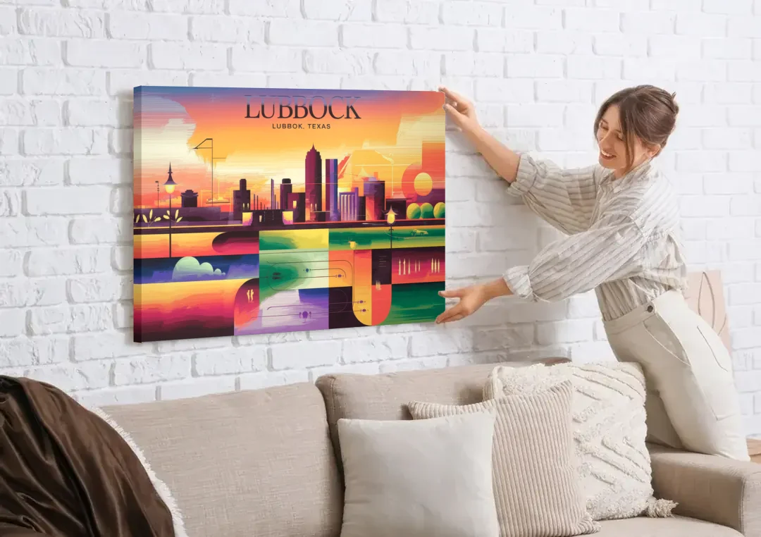 Lubbock Vibrant Cityscape canvas wall art being hung on a white brick wall above a sofa