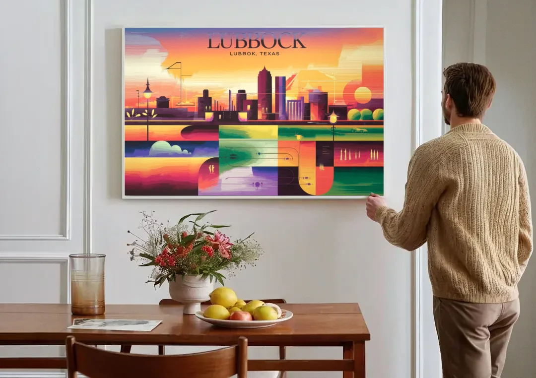 Lubbock Vibrant Cityscape canvas wall art above a dining table
