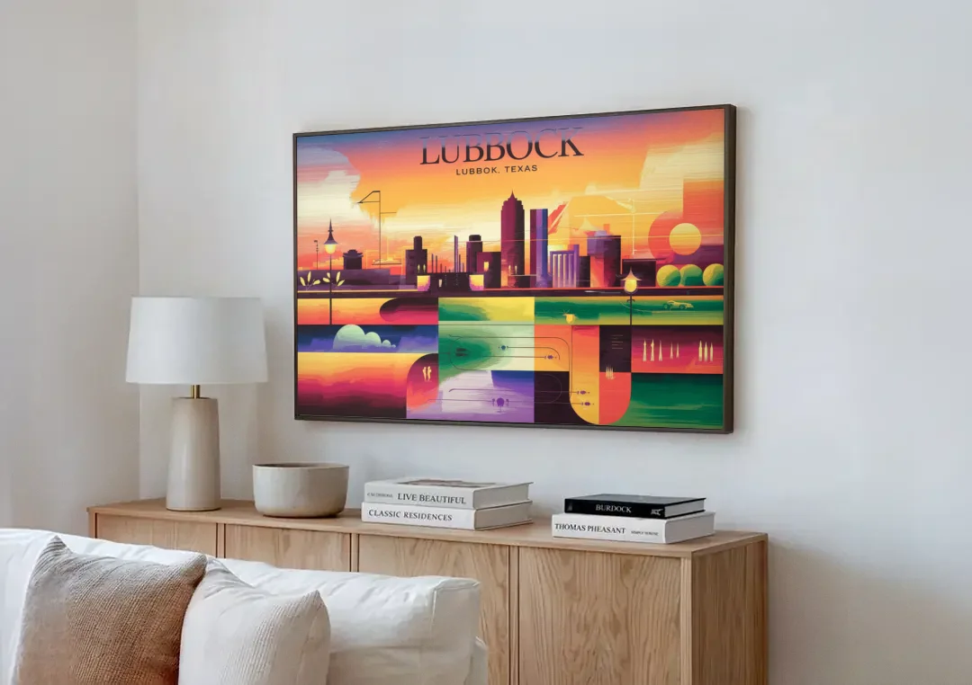 Lubbock Vibrant Cityscape canvas wall art above a wooden sideboard next to a sofa