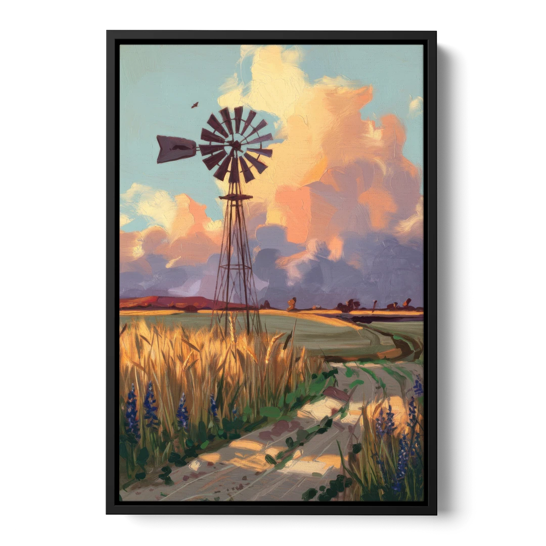 Lubbock Windmill Scene - Black Framed Canvas Wall Art - Front
