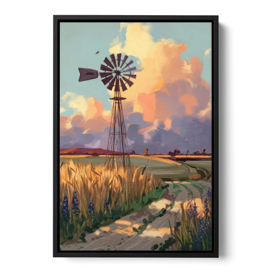 Lubbock Windmill Scene - Black Framed Canvas Wall Art - Front