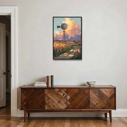 Lubbock Windmill Scene - Black Framed Canvas Wall Art - Coffee Table - 24x36