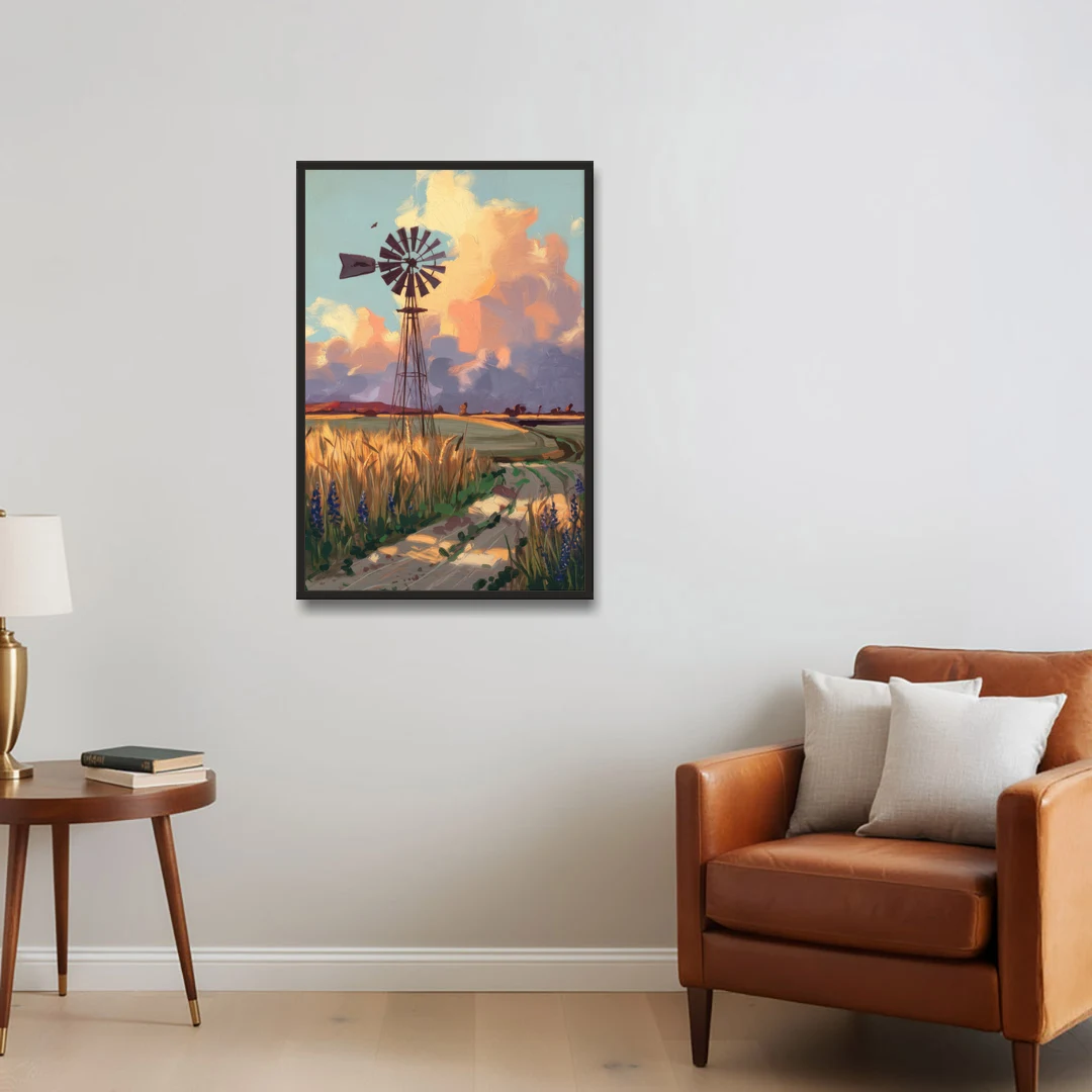 Lubbock Windmill Scene - Black Framed Canvas Wall Art - Sofa - 24x36