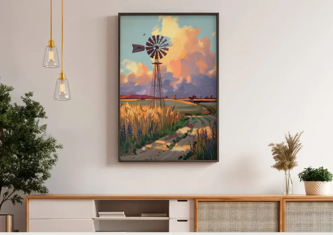Lubbock Windmill Scene canvas wall art above a wooden sideboard under pendant lights